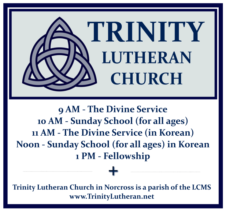 Trinity Lutheran Norcross logo with schedule
